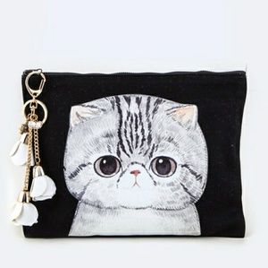 Kitty Cat Tasseled Rose Bud Canvas Zip Pouch NEW